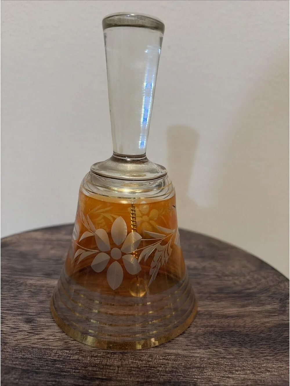 VINTAGE SAPSKA FABRIKA STAKLA PARACIN GLASS BELL CRYSTAL ETCH FLORAL YELLOW,GOLD